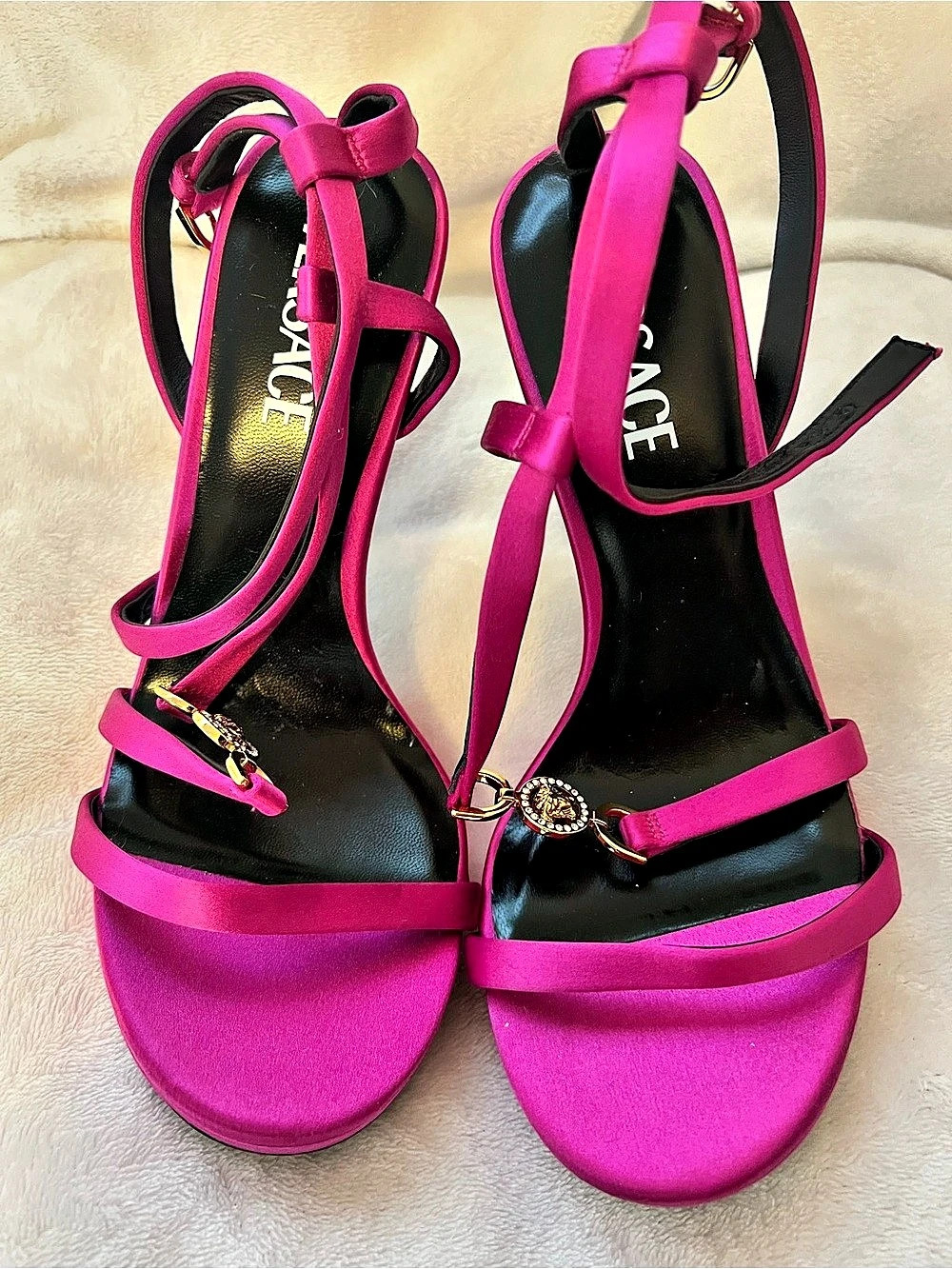 Versace Medusa '95 Embellished Satin Sandals 115 mm Pink EU 38